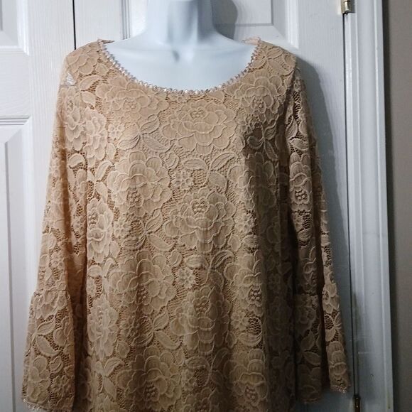 Brittany Black nude lace bell sleeve dress Sz L EUC - Picture 3 of 6